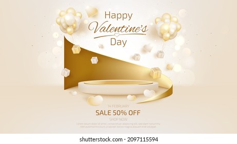 Valentine day backdrop with podium for product display, Heart shape elements, glitter light effects.