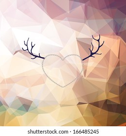 Valentine day background with abstract pink and violet triangle geometric pattern, nice laconic heart with simple lace-like outline and hipster deer's horns symbol. Looks like stylized sunset view.