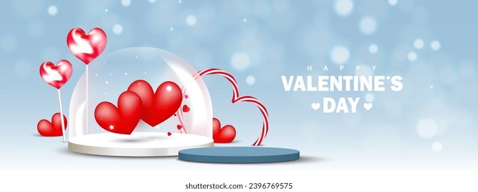 Valentine day background. Blue platform for product show with love cute festive elements on soft blue background. Vector illustration.