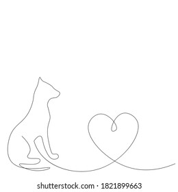Valentine day background. Cat with heart line drawing. Vector illustration