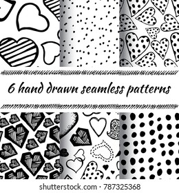 Valentine Day Background Collection with Dots and Hearts. Set of Hand Drawn Patterns. Romantic Textures Templates