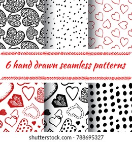 Valentine Day Background Collection with Dots and Hearts. Set of Hand Drawn Patterns. Romantic Textures Templates