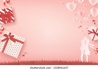 Valentine day background concept with gift box on pink background.