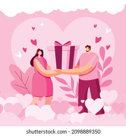 Valentinstag Hintergrund mit Couple Flat Design. Paar, das die Geschenkbox Illustration hält.
