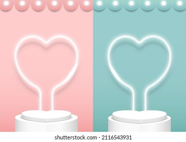 Valentine' day background. Couple podium for product display decorated with hearts shapes neon lighting isolated on Pink and Green scene backdrop. Vector illustration.