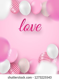 Valentine day background .  Design with balloons on pink background . Vector.