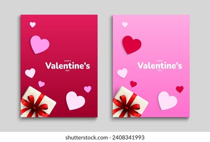 Valentine day background design with red and pink paper hearts, gift boxes. Poster, cover, flyer, card template. Vector illustration