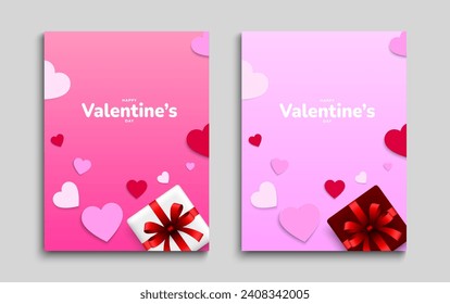 Valentine day background design with red and pink paper hearts, gift boxes. Poster, cover, flyer, card template. Vector illustration