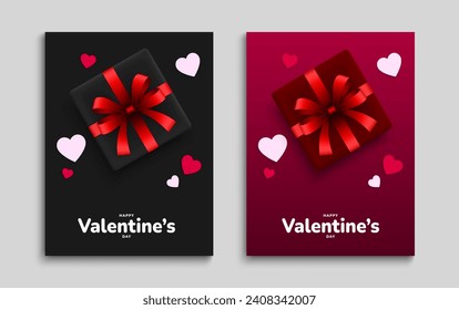 Valentine day background design with red and pink paper hearts, gift boxes. Poster, cover, flyer, card template. Vector illustration