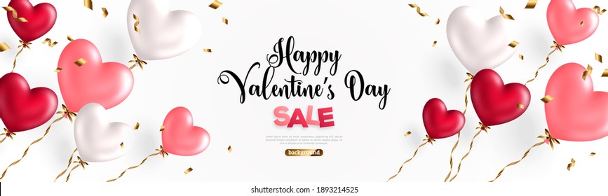 Valentine day background with festive realistic heart shape balloons with golden spiral ribbons. Vector illustration. Celebration banner design with rose pink, white and red baloon, flying confetti
