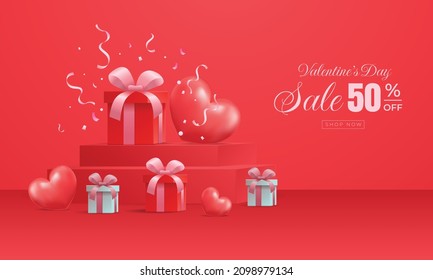 Valentine Day Background With Gift Box on Stage Podium Red Object Color Elegant Style For Website Banner, Poster Background