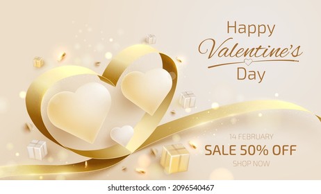 Valentine day background with heart shape elements and gold ribbon with glitter light effects.