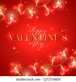 Valentine day background with heart shaped light bulb. Love concept vector illustration