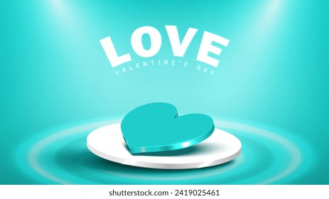 Valentine day background. Heart stage pedestal for Advertising product with Spotlight on Green mint background. Abstract background. Vector illustration.