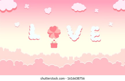Valentine day background. Lovers hamster in balloon pink on cloud at  sky blue. Vector illustration.
