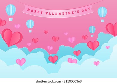 Valentine' day background in papercut concept decorated with sky, love and happy valentine's day flag