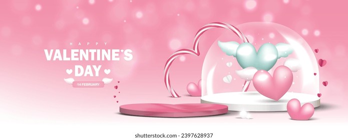 Valentine day background. Pink platform for product show with heart balloons floating in glass dome, love elements on soft pink background. Vector illustration.