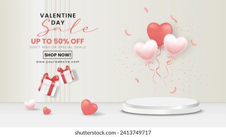 Valentine day background with podium display and realistic decoration for business or product promotion