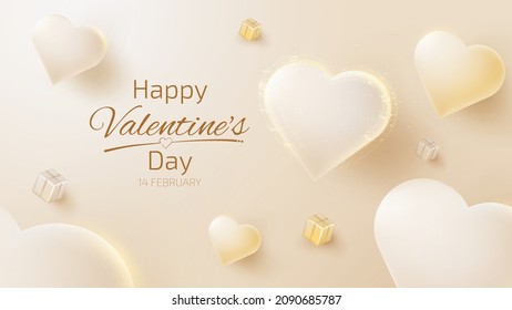 Valentine day background with realistic heart shape elements and glitter light effects luxury 3d style. vector illustration.