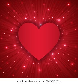 Valentine Day background with red heart, and sparles, vector illustration