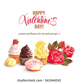 Valentine Day background with roses and sweets. Vector illustration.