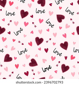 Valentine day background, seamless pattern with hearts in pink and red color,LOVE