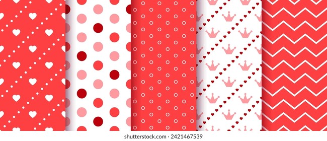 Valentine day background. Seamless pattern. Set cute textures. Red pink prints with heart, polka dot, zigzag. Retro backdrops for scrapbooking. Collection lovely wrapping papers. Vector illustration