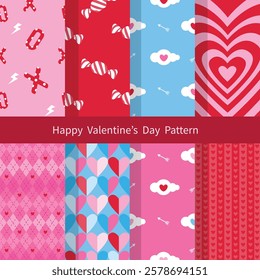 Valentine day background. Seamless pattern. Red pink prints with heart,Backdrops for scrapbooking. Collection lovely wrapping papers.Vector illustration.