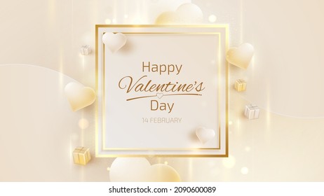 Valentine day background with square frame and realistic heart shape elements and golden lines.