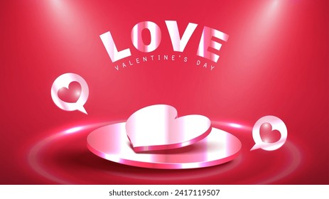 Valentine day background. Stage metal pedestal for Advertising product with Heart bubbles and Spotlight on Pink background. Abstract background. Vector illustration.