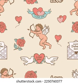 Antecedentes de San Valentín. Patrón vectorial sin fisuras con ángel, corazones, sobre y rosas