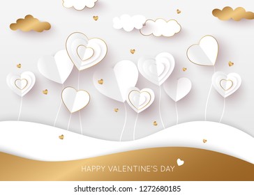 Valentine day background. White cut paper heart vector illustration