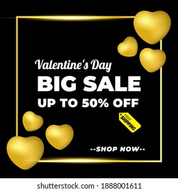 Valentine Day Banner with Black Gold Line Colour. Luxury banner For Promotion, 14 February Sale. Big Sale 50% Off for Fashion, Digital Promotion, Voucher or Card. Vector illustration 