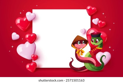 Valentine day banner with cartoon snakes in love and hearts, vector greeting card. Valentine Day background for love holiday with happy snakes couple together in love for wedding or engagement