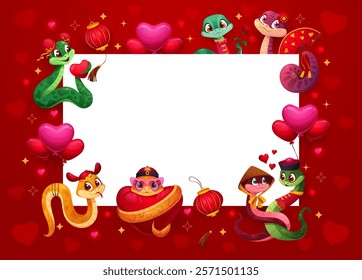 Valentine day banner with love hearts and snake characters, vector background. Valentine Day blank banner with frame of funny snakes with heart balloons for love holiday greeting or wedding invitation