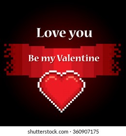 Valentine day banner. Pixel art. Old school computer graphic style.