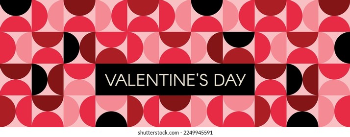 Valentine day banner. Romantic vector abstract geometric background with hearts in retro scandinavian style. Pastel colored simple shapes graphic pattern. Abstract mosaic artwork.