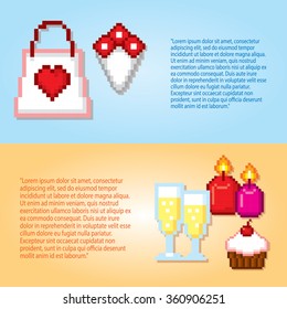 Valentine day banner set. Pixel art. Old school computer graphic style.