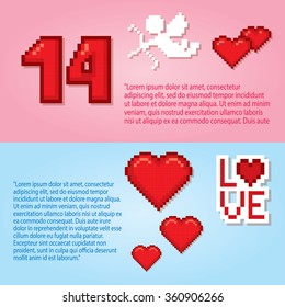 Valentine day banner set. Pixel art. Old school computer graphic style.