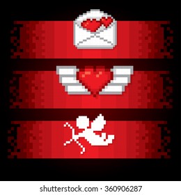 Valentine day banner set. Pixel art. Old school computer graphic style.