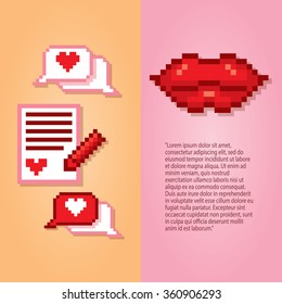 Valentine day banner set. Pixel art. Old school computer graphic style.