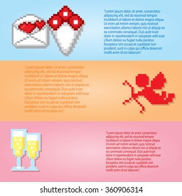 Valentine day banner set. Pixel art. Old school computer graphic style.
