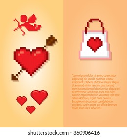 Valentine day banner set. Pixel art. Old school computer graphic style.