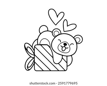 Valentine Day Bear Holding Gift Line Art