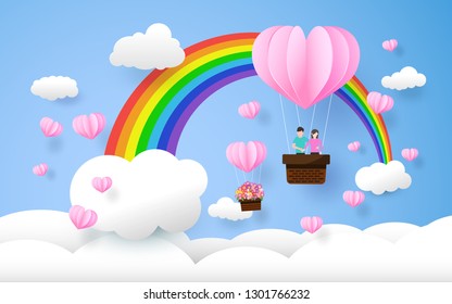 Valentine Day, Beautiful Flower , Paper Art Style, Rainbow And Clouds In The Sky