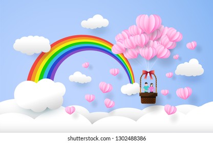valentine day, beautiful flower , paper art style, rainbow and clouds in the sky
