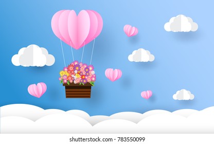 valentine day, beautiful flower , paper art style, heart in the sky