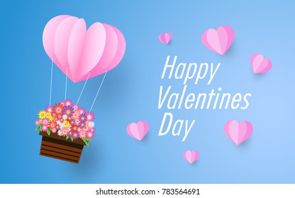 valentine day, beautiful flower , paper art style, heart in the sky