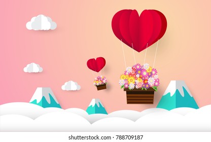 valentine day, beautiful flower , paper art style, heart in the sky