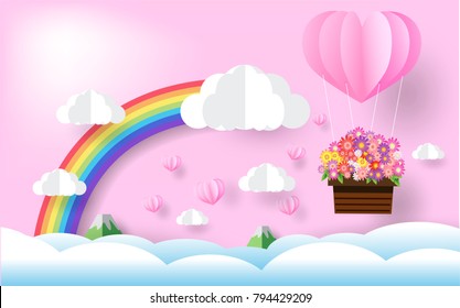 valentine day, beautiful flower, paper art style, heart in the sky